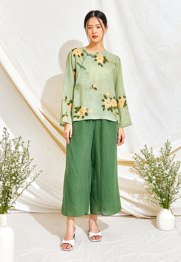 Diagonal Print Ramie Cheongsam Top